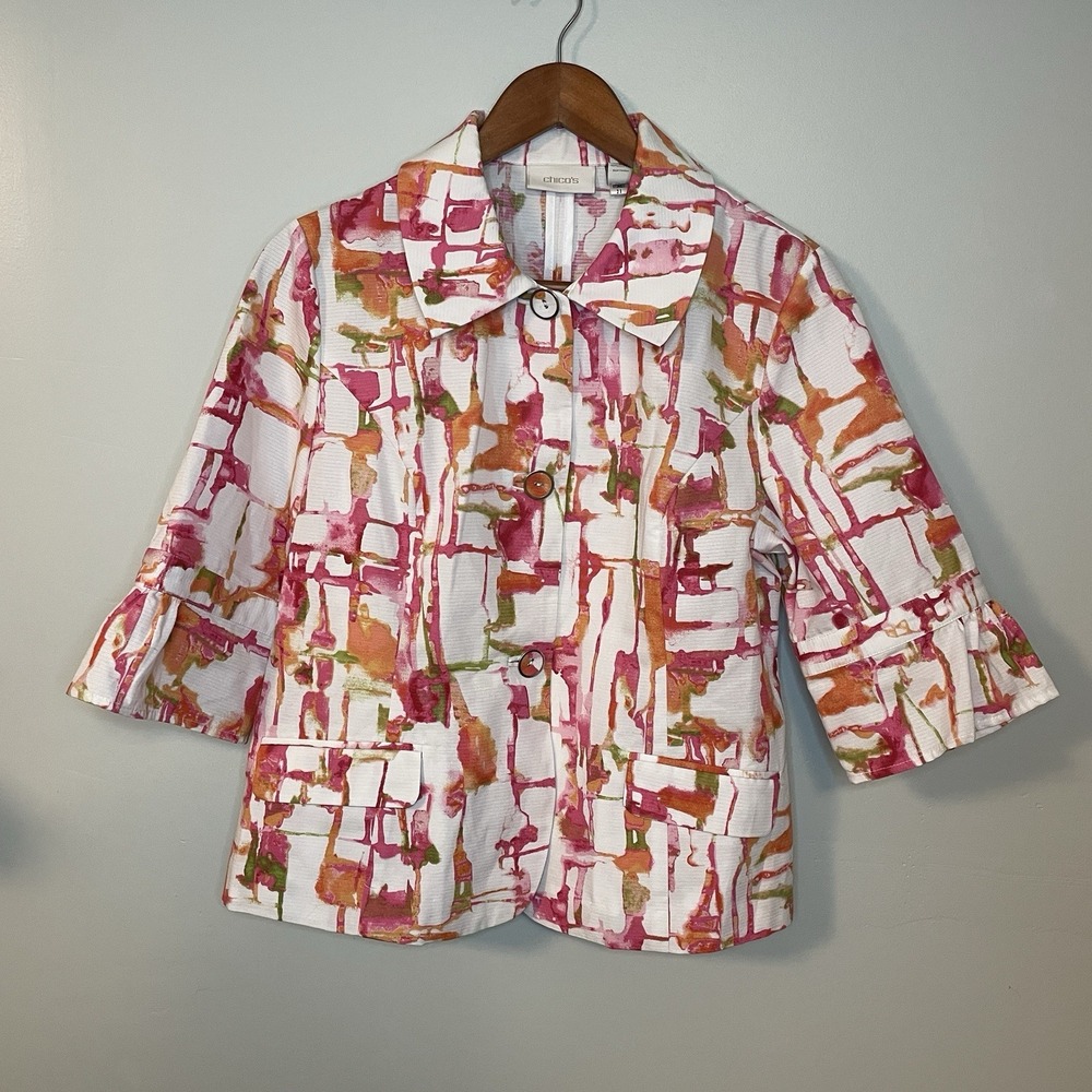 Chico Size 1 Jacket Women Chico For Colorful 3/4 Sleeve Button Up Art